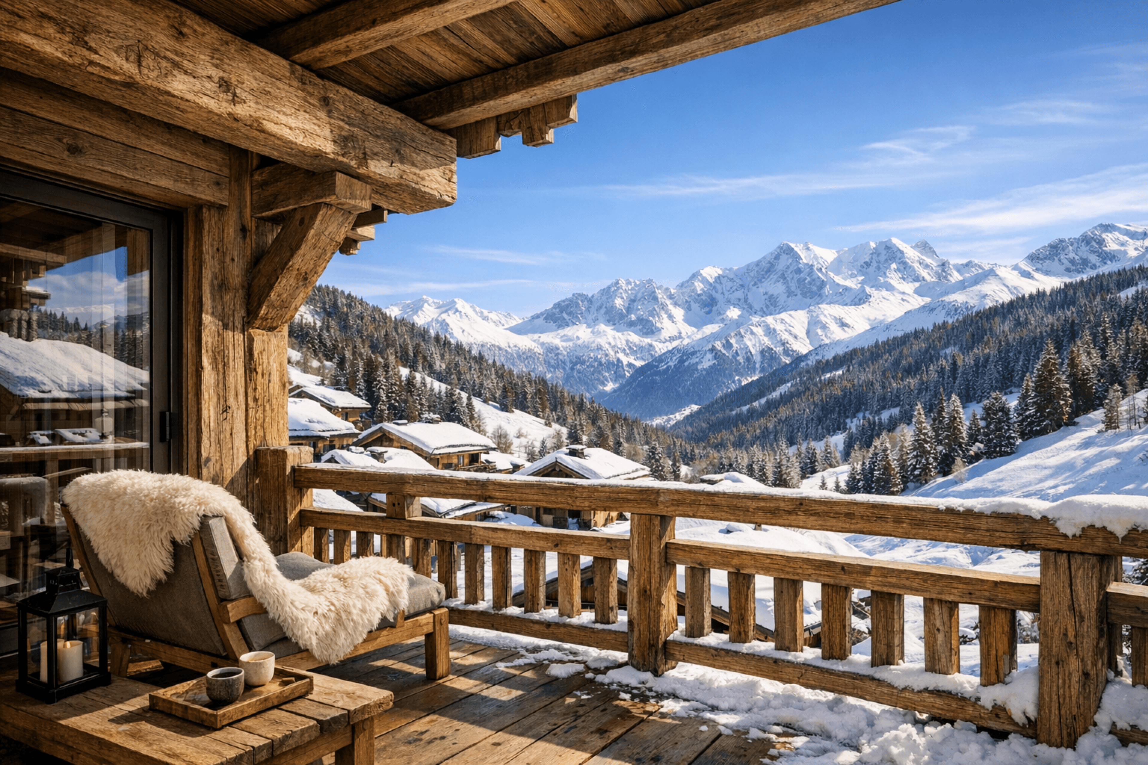 Luxury alpine chalet terrace with panoramic snowy mountain views