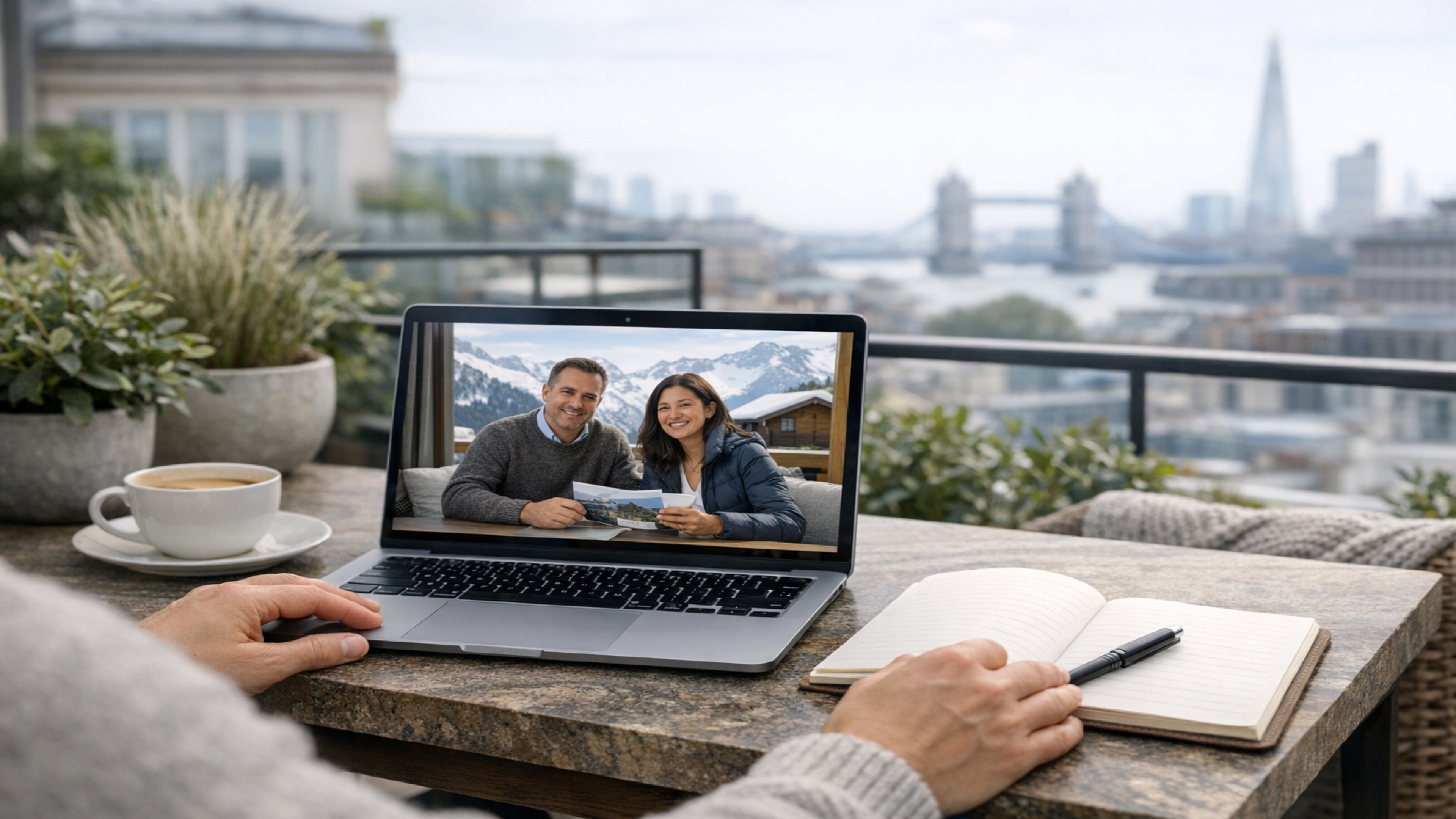 Buyer joining an Alpine property consultation from a London terrace