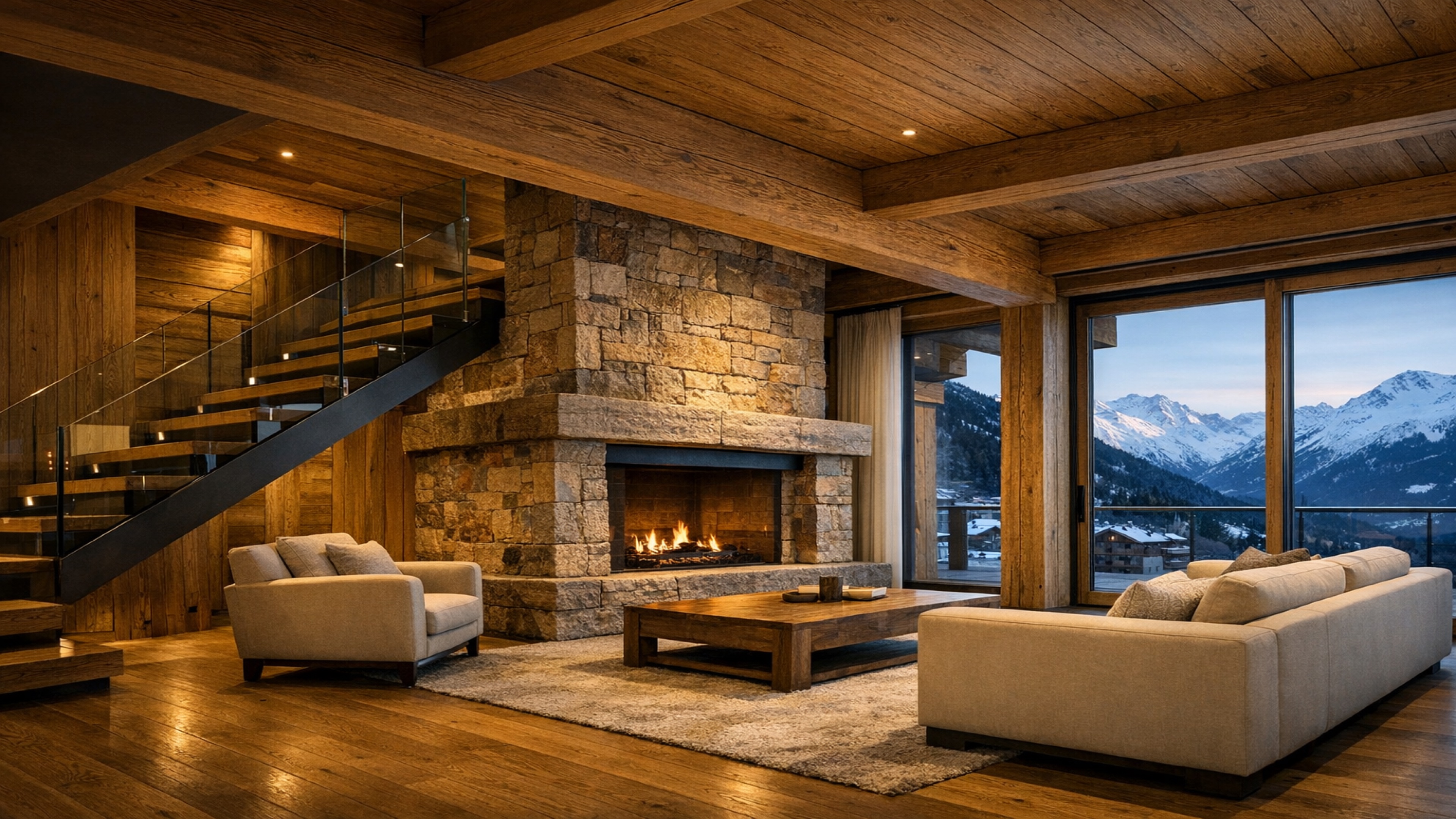 Luxury chalet living room with warm timber and mountain atmosphere